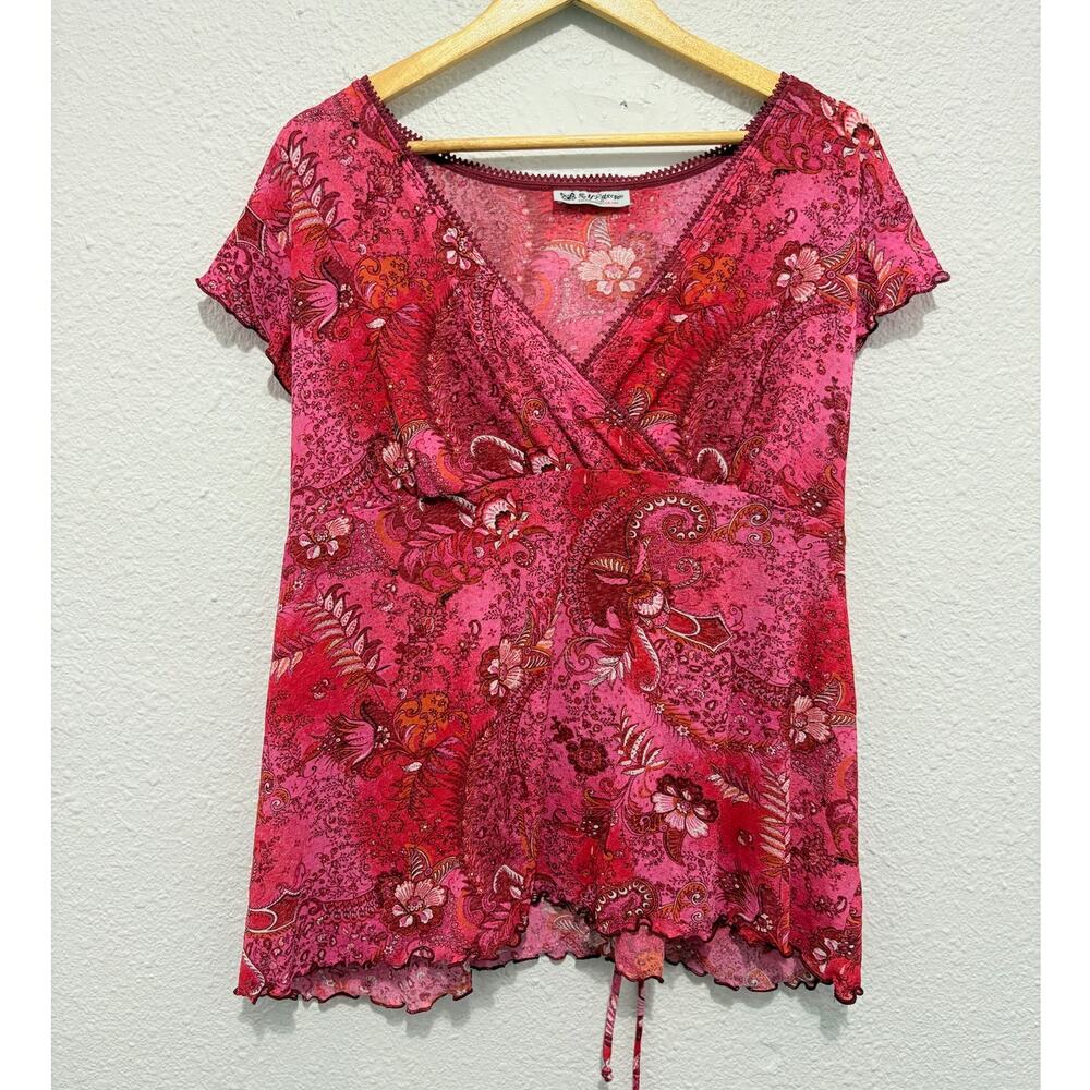 vintage y2k self esteem babydoll top fairy tie back floral feminine pink paisley